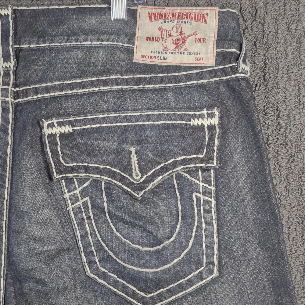 True Religion Ricky Super T Jeans Mens 42 Dark Wash Distressed Straight Leg Y2K